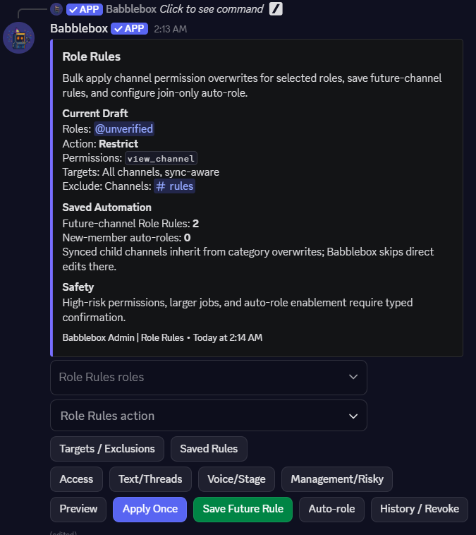 Babblebox Role Rules panel