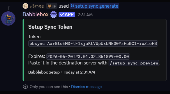 Babblebox Setup Sync token example