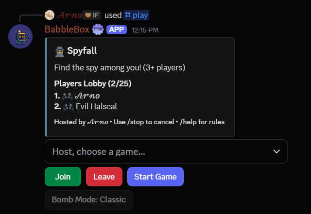 Babblebox Spyfall lobby
