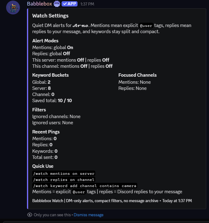 Babblebox Watch settings