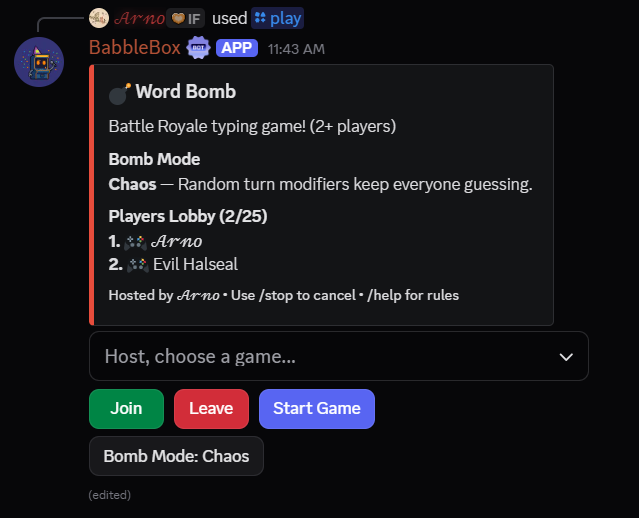 Babblebox Word Bomb lobby